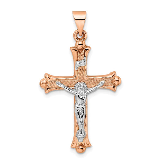 14k Two-tone Gold Rose and Polished Fleur de Lis INRI Hollow Crucifix Pendant