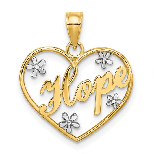 14k Yellow Gold Rhodium Hope In Heart Flowers Charm Pendant for Women