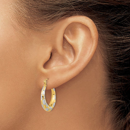 14k Yellow Gold White Rhodium Polished Satin Diamond-cut Hoop Earrings