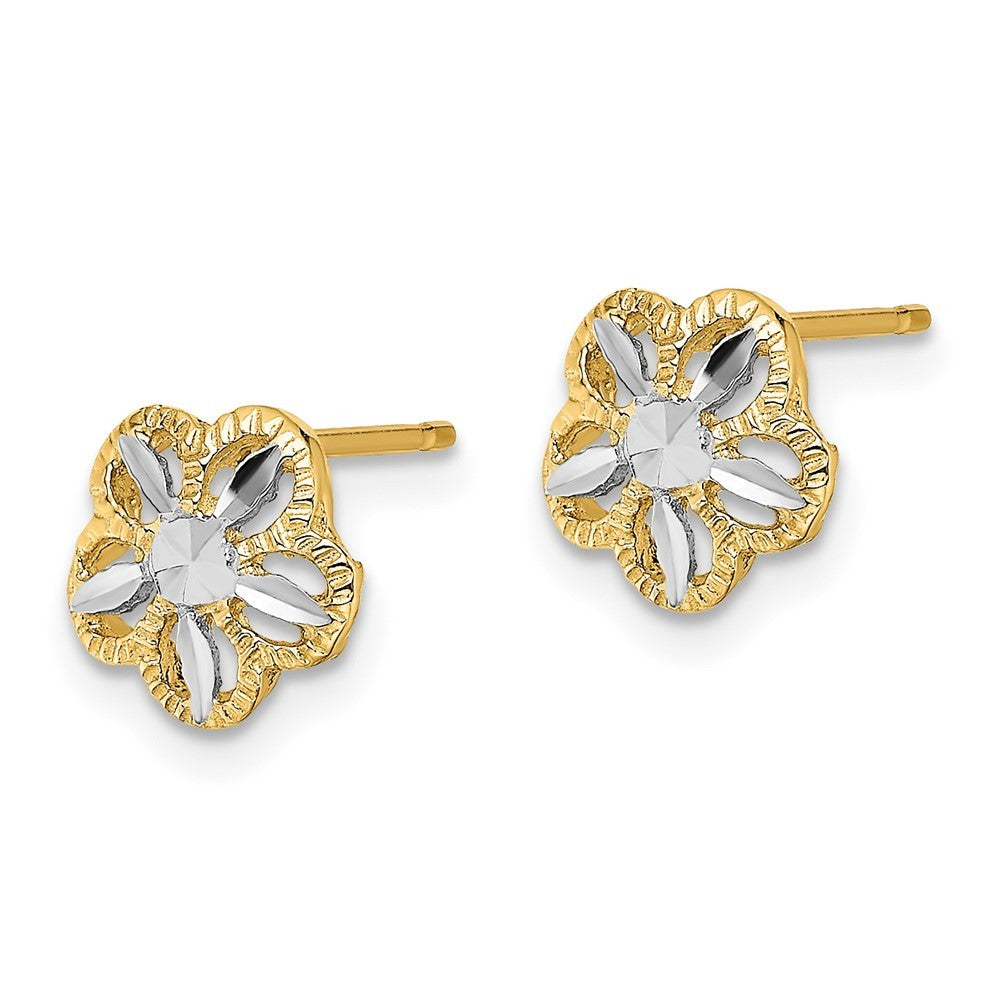 14k Yellow Gold w/Rhodium Diamond-cut Flower Earrings