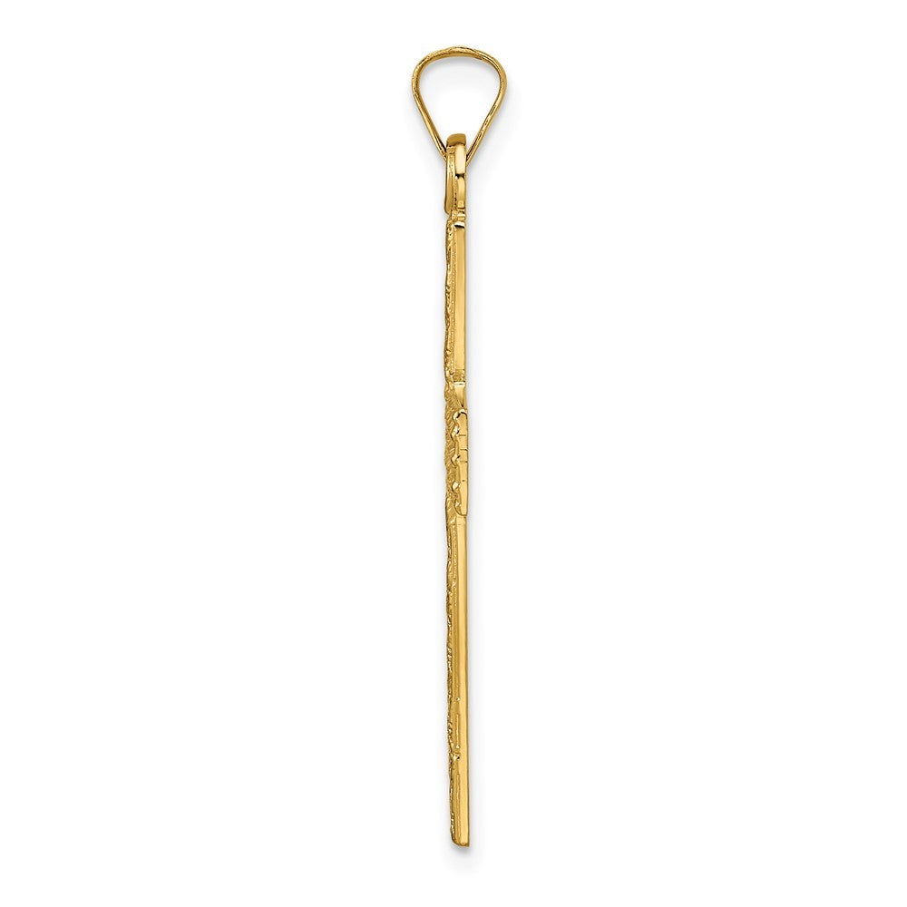 14k Yellow Gold Polished Wood Texture Solid Cross Pendant