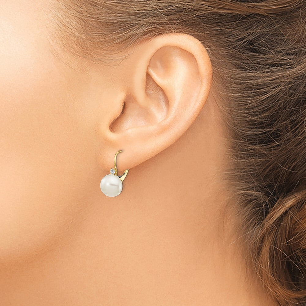 14k Yellow Gold 10-11mm Button Cultured Pearl & Diamond Leverback Earrings