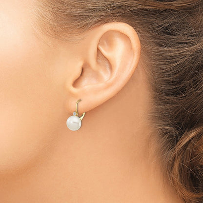 14k Yellow Gold 10-11mm Button Cultured Pearl & Diamond Leverback Earrings