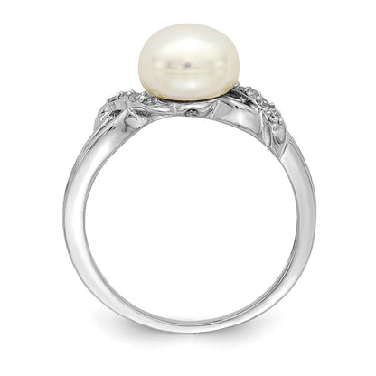 Sterling Silver 8-9mm White Button Freshwater Cultured Pearl and CZ Ring