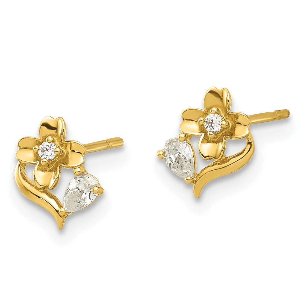 14k Yellow Gold Polished Cubic Zirconia Flower Stud Earrings Gift for Women