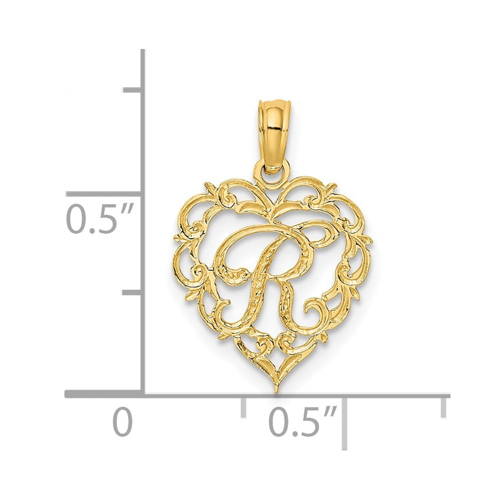 14k Yellow Gold Heart Script Letter R Initial Charm
