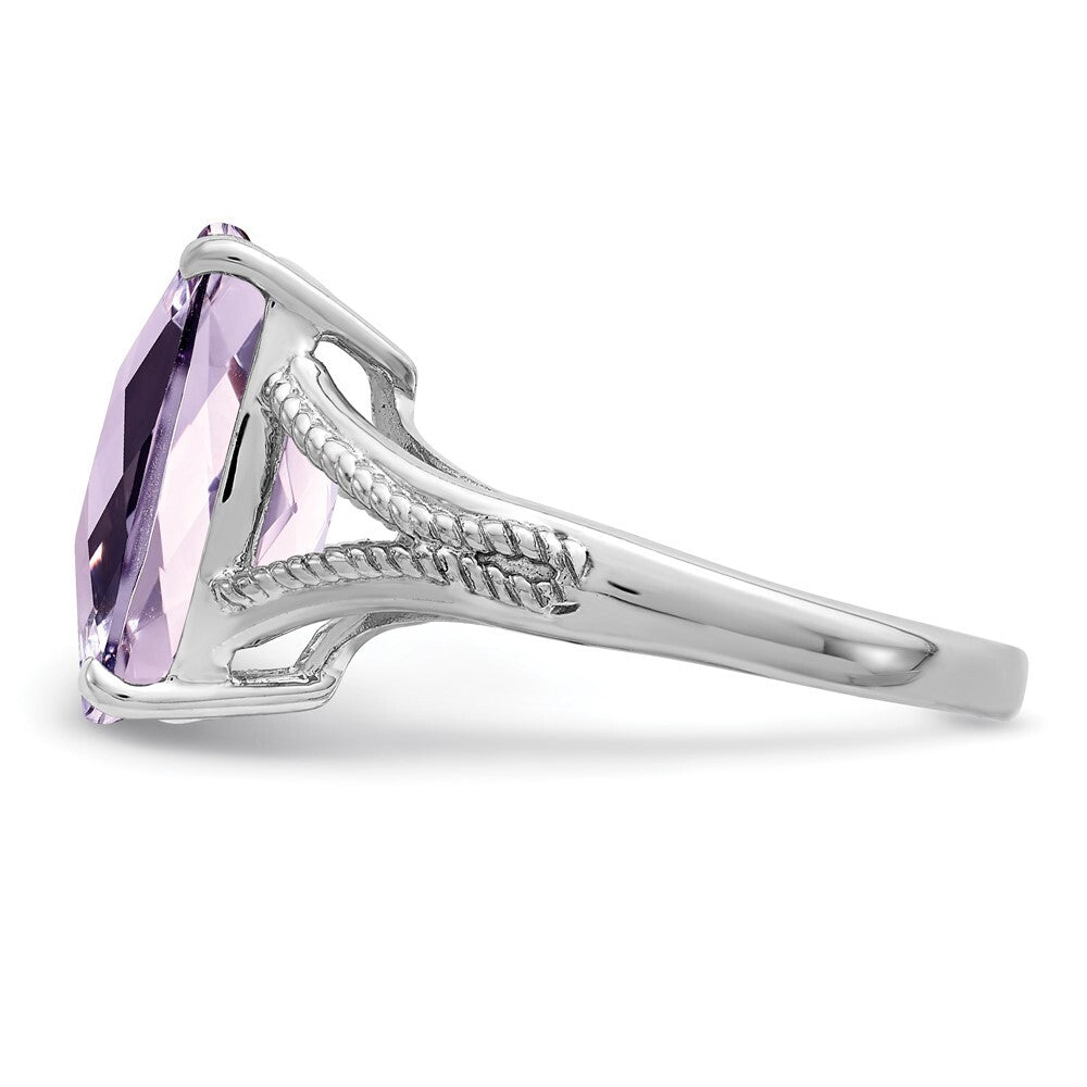 Sterling Silver Rhodium Checker-Cut Pink Quartz Ring Size 7