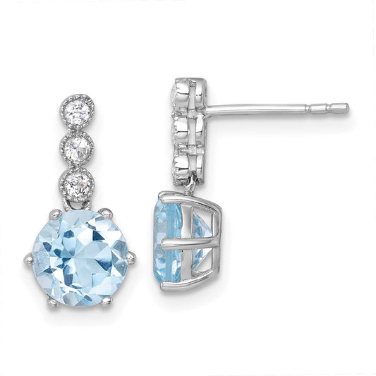 Sterling Silver Polished and Beaded Round Sky Blue and Topaz Dangle Earrings