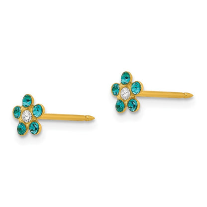 14k Yellow Gold December Blue Crystal Birthstone Flower Stud Earrings