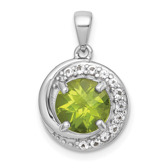 Sterling Silver Checker-cut Round Peridot and White Topaz Circle Pendant