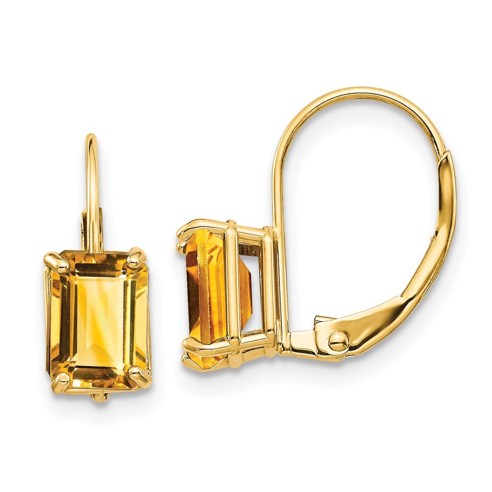 14k Yellow Gold 7x5mm Emerald Cut Citrine Leverback Earrings