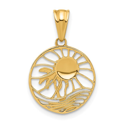 14k Yellow Gold with White Rhodium Ocean and Palm Tree Round Pendant