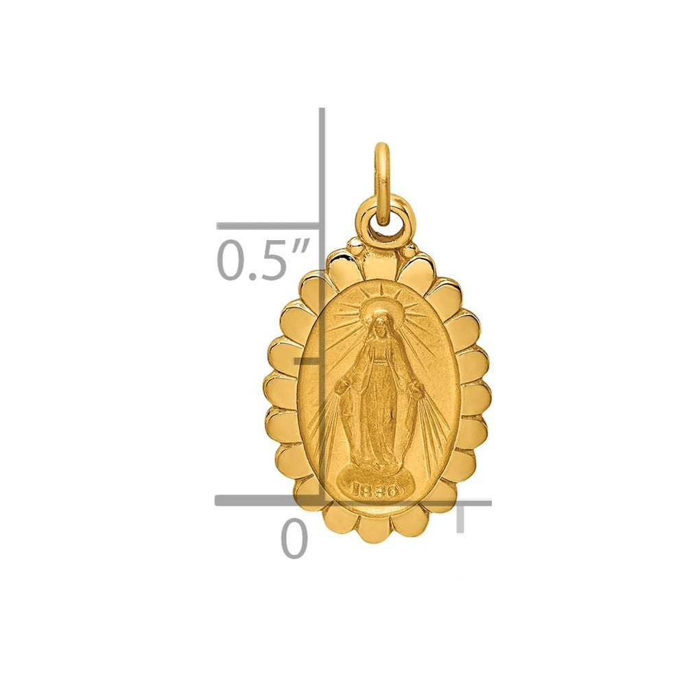 14k Yellow Gold Solid Polished/Satin Small Oval Scalloped Miraculous Medal