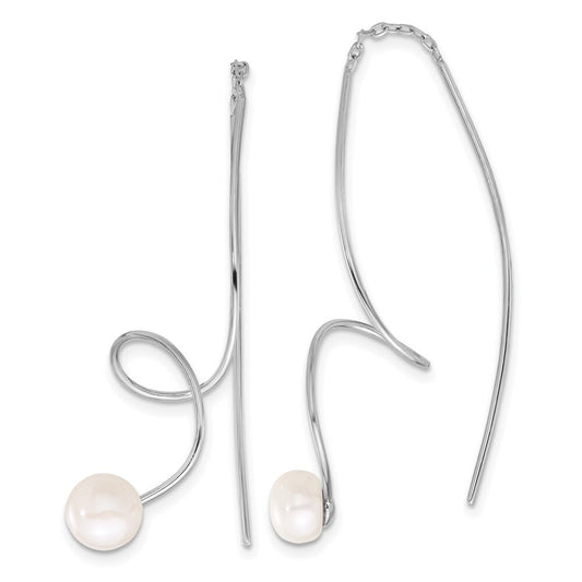Sterling Silver 6-7mm White Button Cultured Pearl Twisted Threader Earrings
