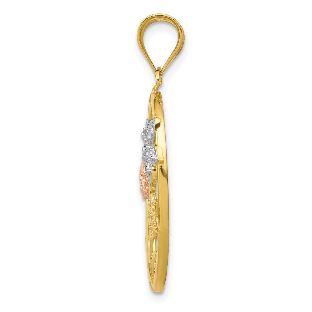14k Two-tone Gold White Rhodium Diamond-cut Oval Floral Pendant