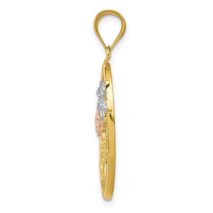 14k Two-tone Gold White Rhodium Diamond-cut Oval Floral Pendant