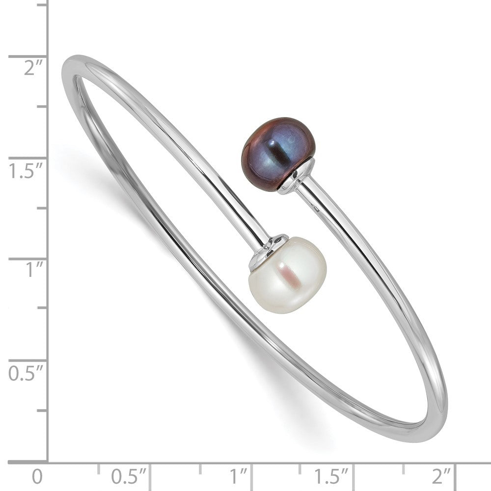 Sterling Silver 9-10mm Black and White Cultured Pearl Flexible Cuff Bangle