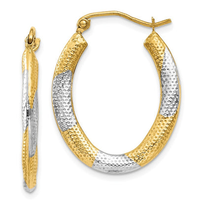 14k Yellow Gold & Rhodium Textured Hollow Oval Hoop Earrings