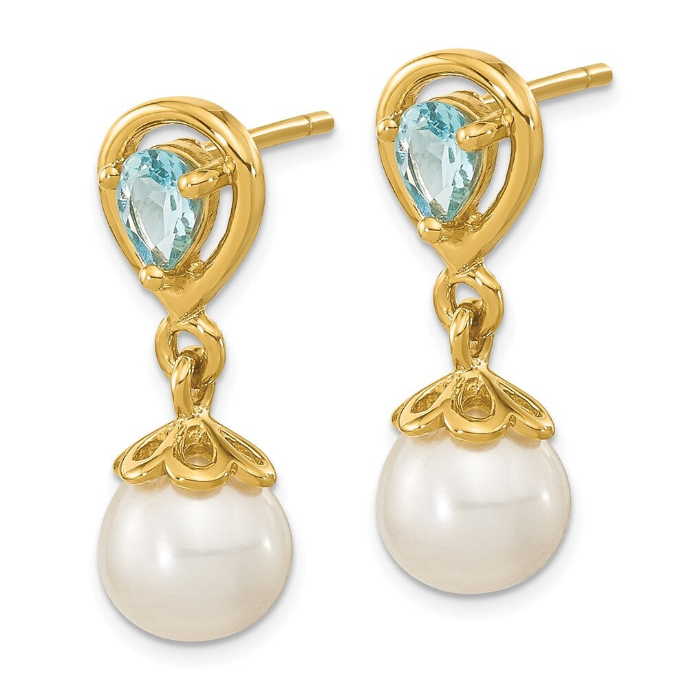 14k Yellow Gold 6-7mm FWC Pearl Light Swiss Blue Topaz Dangle Earrings