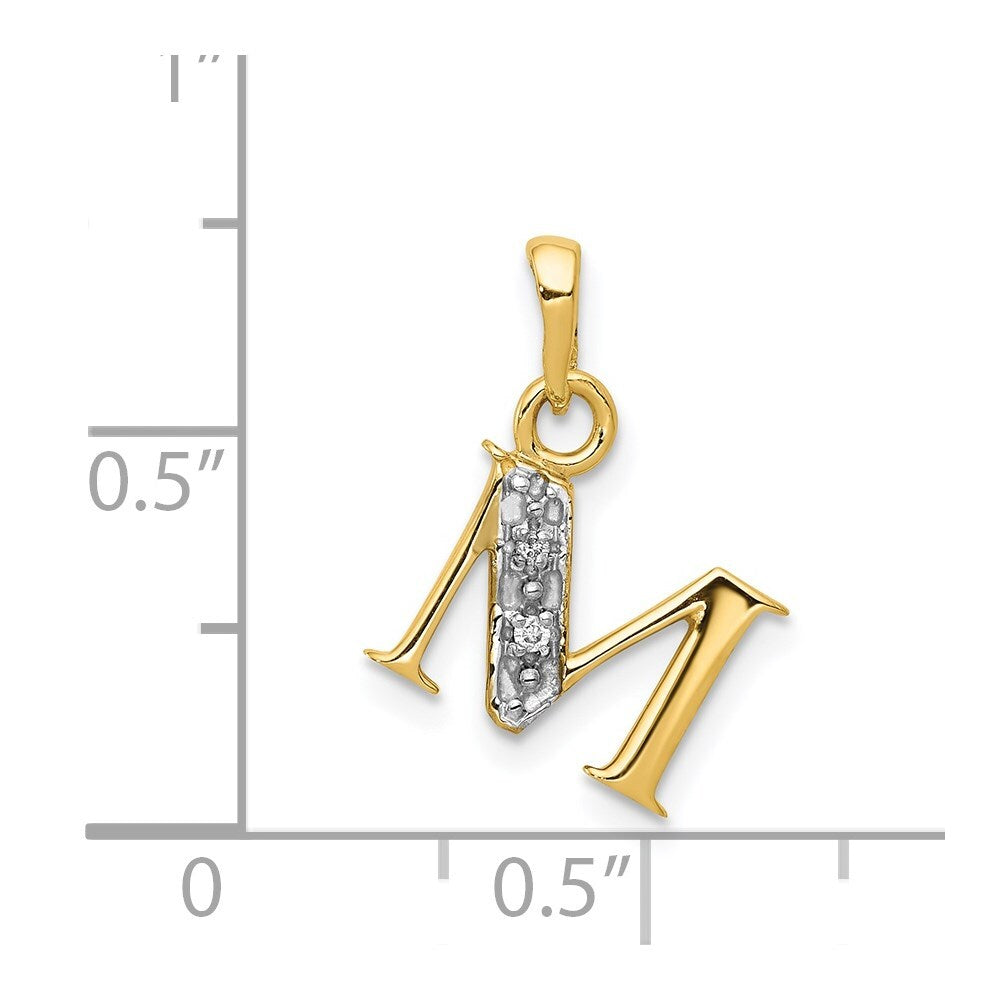 14k Yellow Gold with Rhodium Diamond Letter M Initial Pendant for Women