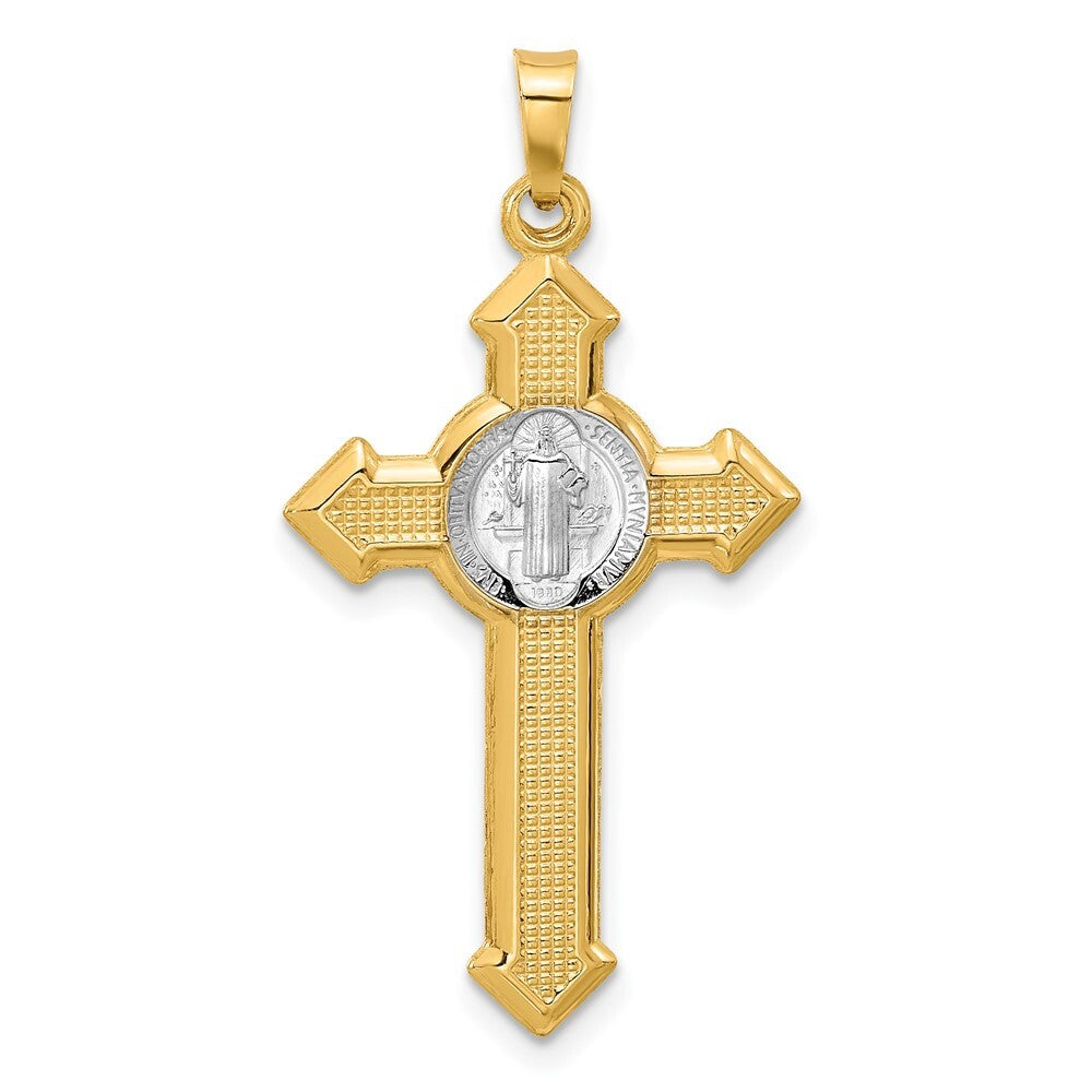 14k Two-tone Gold Textured Hollow Budded St Benedict Cross Pendent