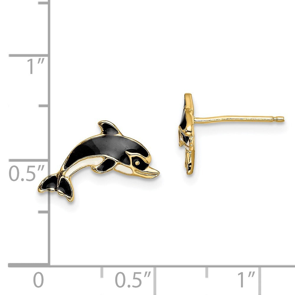 14k Yellow Gold White and Black Enamel Dolphin Stud Earrings Gift for Women