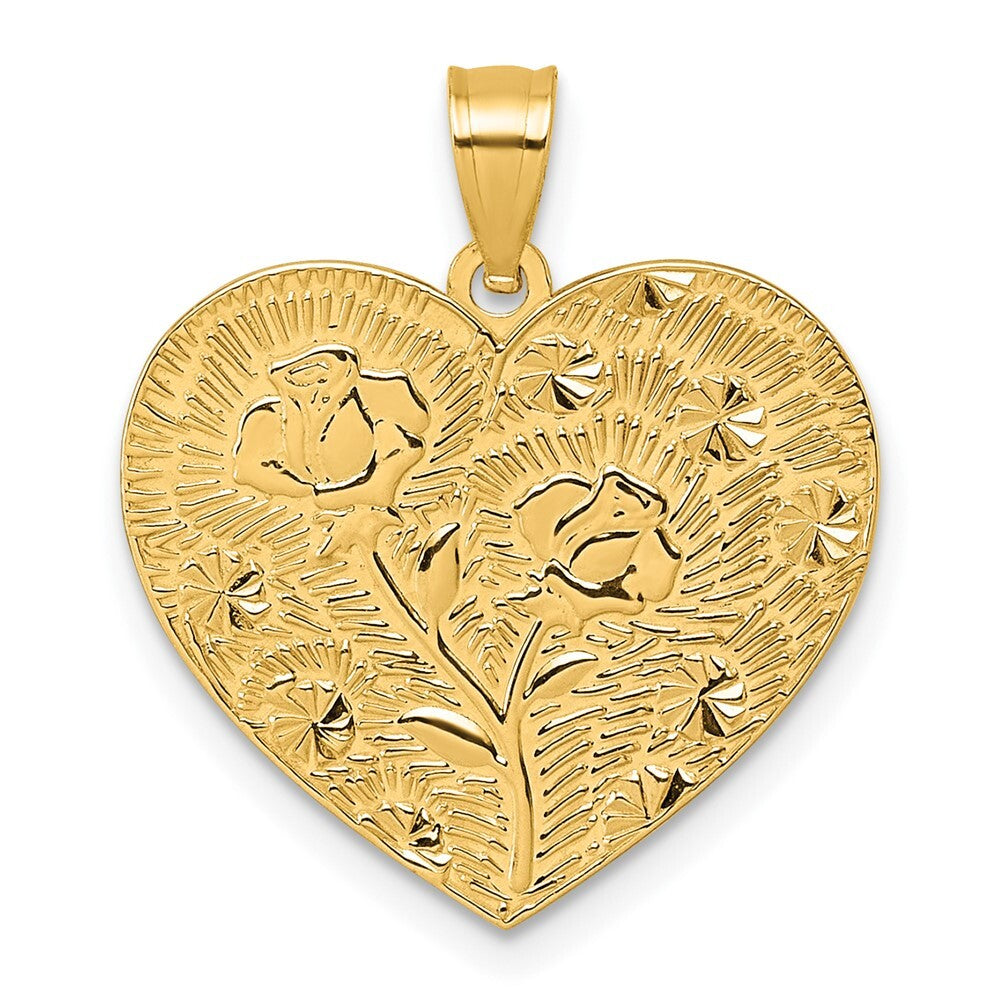 14k Yellow Gold Polished and Textured Flower Rose Mother's Love Heart Pendant
