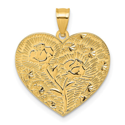 14k Yellow Gold Polished and Textured Flower Rose Mother's Love Heart Pendant
