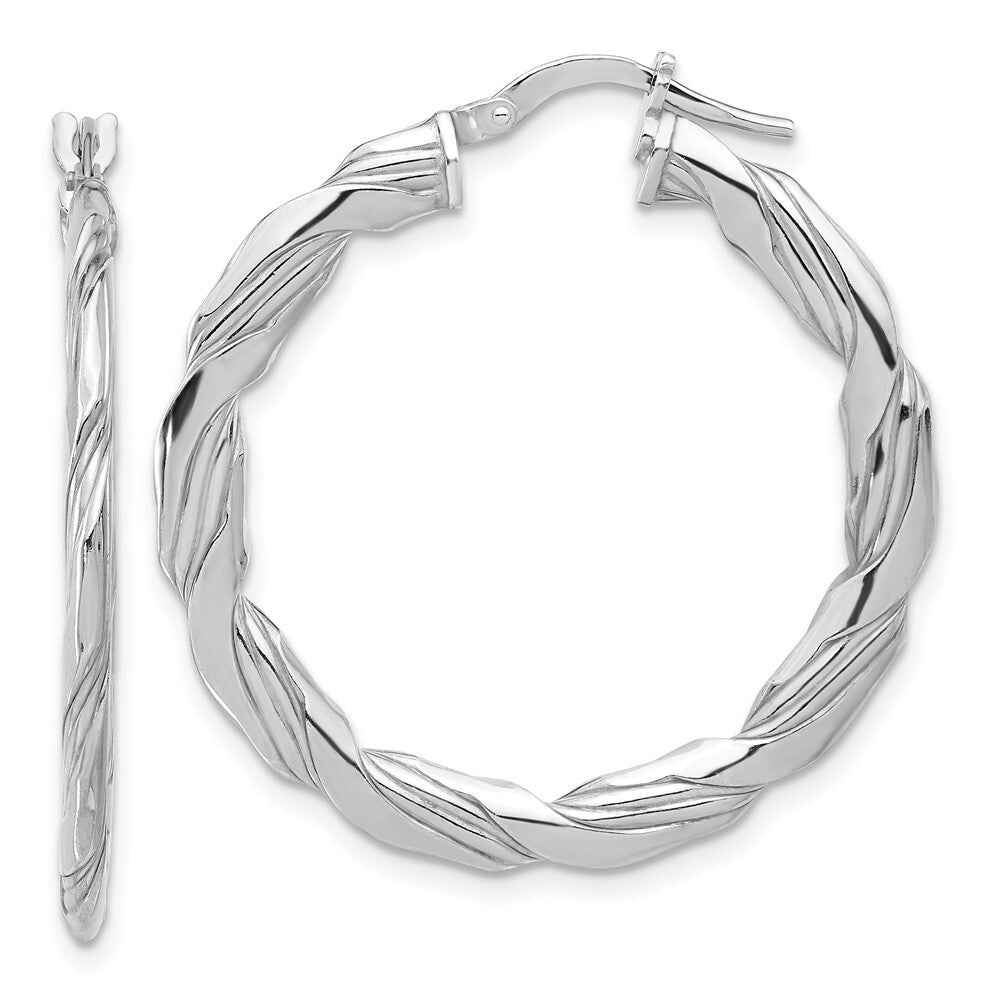 Sterling Silver RH-plated Polished and Textured Twisted Hoop Earrings