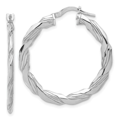 Sterling Silver RH-plated Polished and Textured Twisted Hoop Earrings