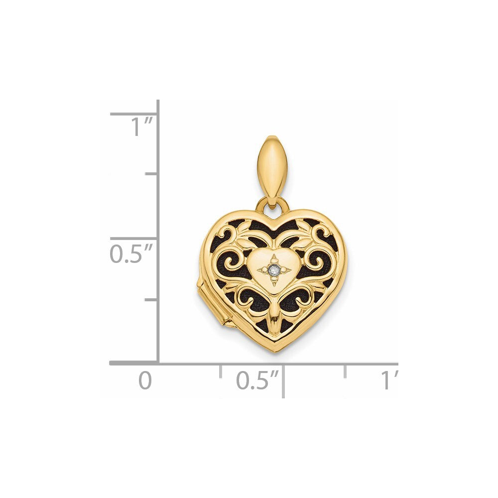 14k Yellow Gold Polished Filigree  Black Fabric Diamond Heart Locket Pendant