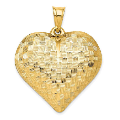 14k Yellow Gold Polished Basket Weave Pattern 3-D Heart Pendant for Women