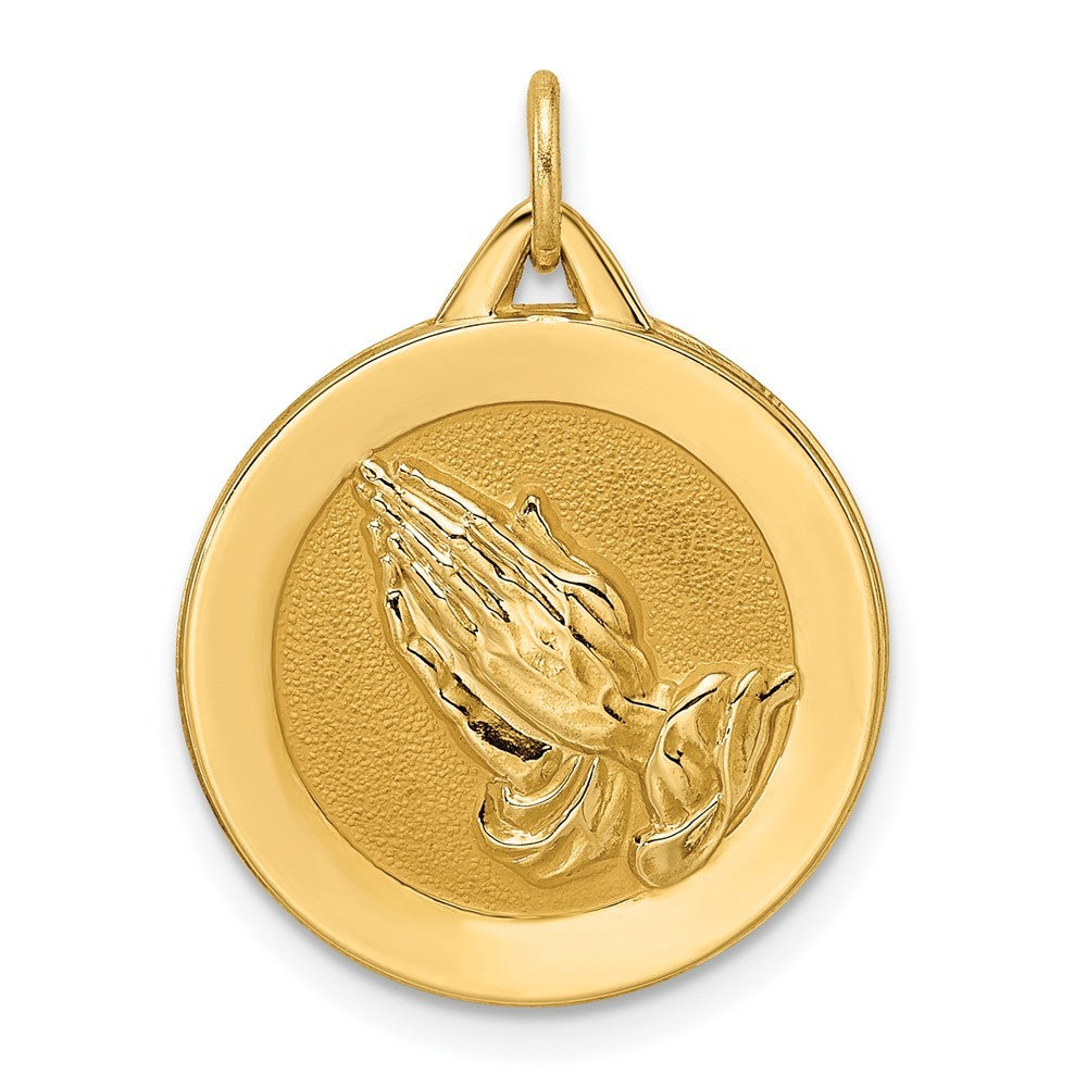 14k Yellow Gold Polished and Satin Solid Praying Hands Disc Pendant