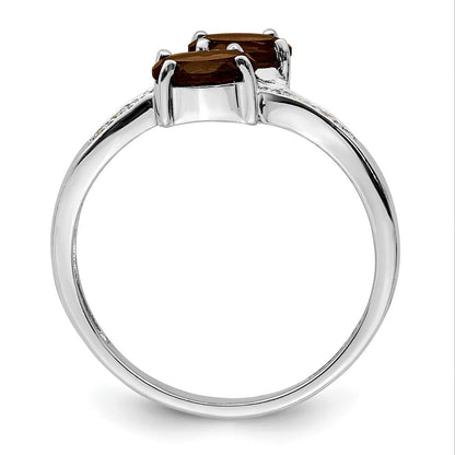 Sterling Silver Rhodium 2 Oval Smoky Quartz & Diamond Ring Size 7