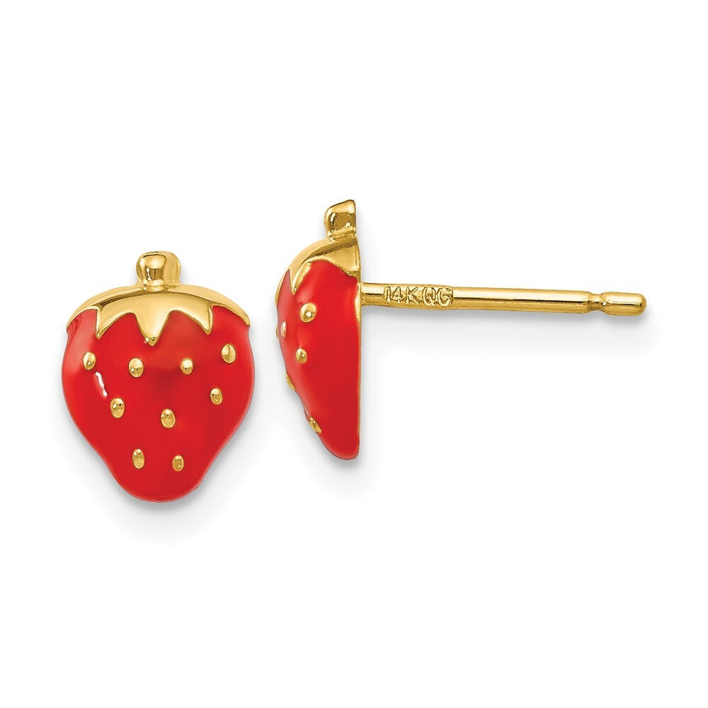14k Yellow Gold Enameled Strawberry Stud Earrings Gift for Women