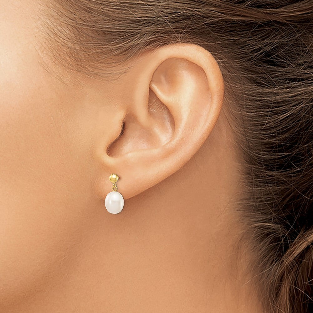 14k Yellow Gold 8-9mm White Rice Freshwater Cultured Pearl Dangle Earrings