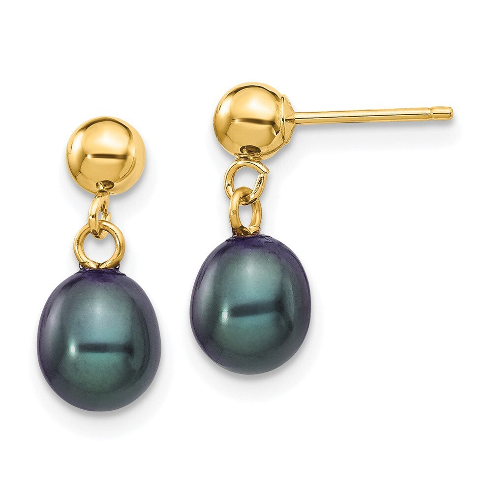 14k Yellow Gold 6-7mm Black Rice Freshwater Cultured Pearl Dangle Earrings