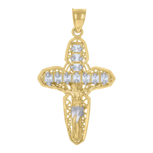 10k Two-Tone Gold Princess Cut Cubic-Zirconia Crucifix Cross Religious Pendant