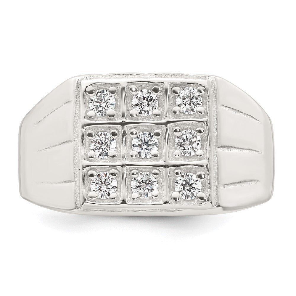 Sterling Silver Polished and Grooved CZ Square Men's Ring Size 11