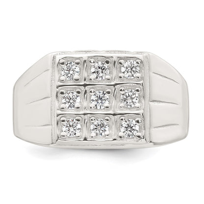 Sterling Silver Polished and Grooved CZ Square Men's Ring Size 11
