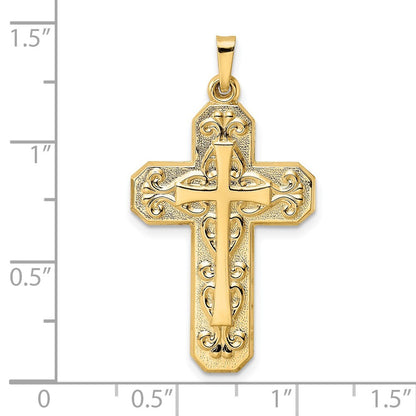 14k Yellow Gold Polished and Textured Hollow Scroll Design Double Cross Pendant