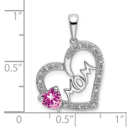 14k White Gold Pink Sapphire and Diamond MOM Heart Pendant for Women