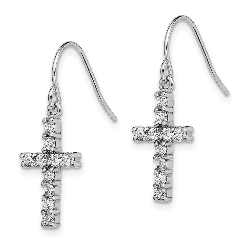 Sterling Silver Polished Cubic Zirconia Latin Cross Dangle Earrings