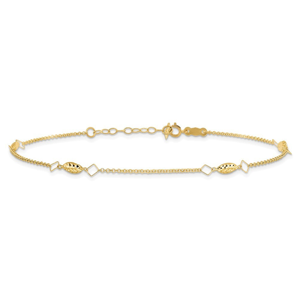 14k Yellow Gold Diamond-cut Rice Puff Beads 4-Station 10" Anklet