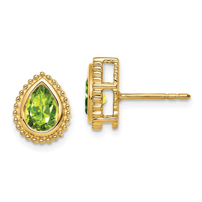 14k Yellow Gold Pear Peridot Stud Earrings
