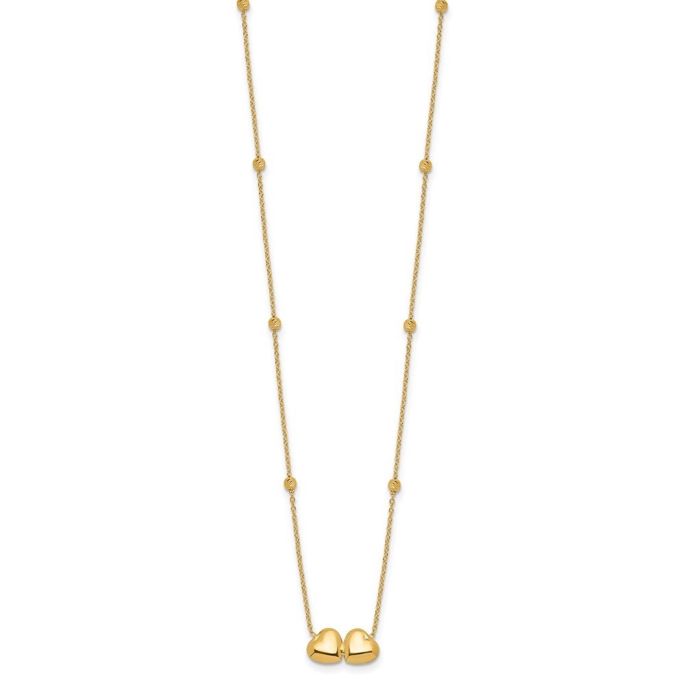 14k Yellow Gold Diamond-Cut Beaded Double Heart 16in w/2in ext. Necklace