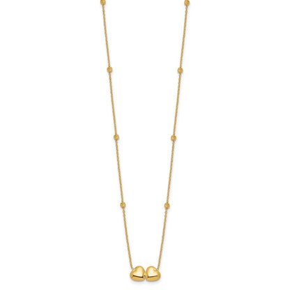 14k Yellow Gold Diamond-Cut Beaded Double Heart 16in w/2in ext. Necklace