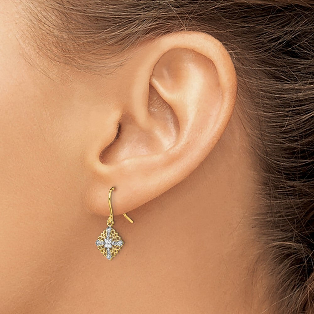 14k Yellow Gold Rhodium Fancy Filigree Dangle Wire Earrings Gift for Women