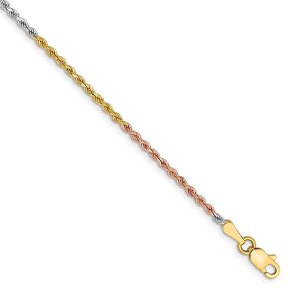 14K Tri-colored 7 inch 1.75mm Diamond-cut Rope Chain Bracelet