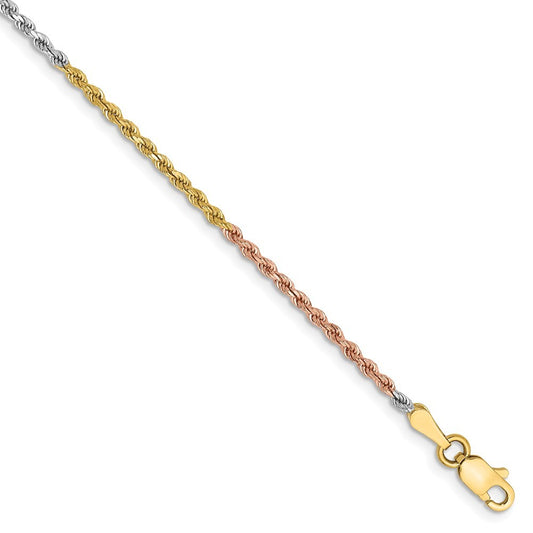 14K Tri-colored 7 inch 1.75mm Diamond-cut Rope Chain Bracelet